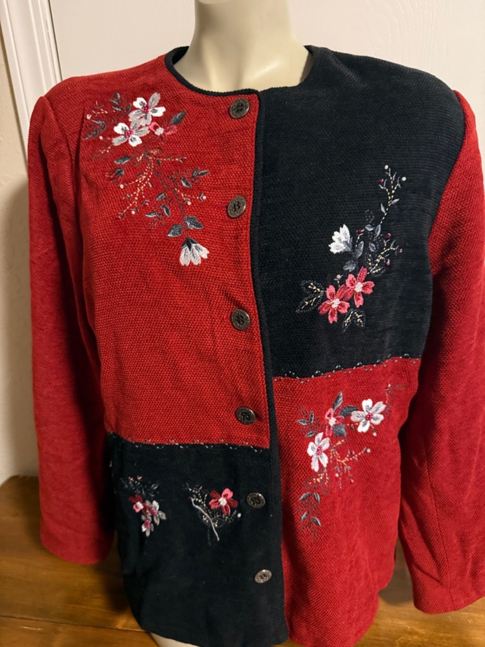 Alfred Dunner Red and Black Floral Embroidered Patchwork Cardigan